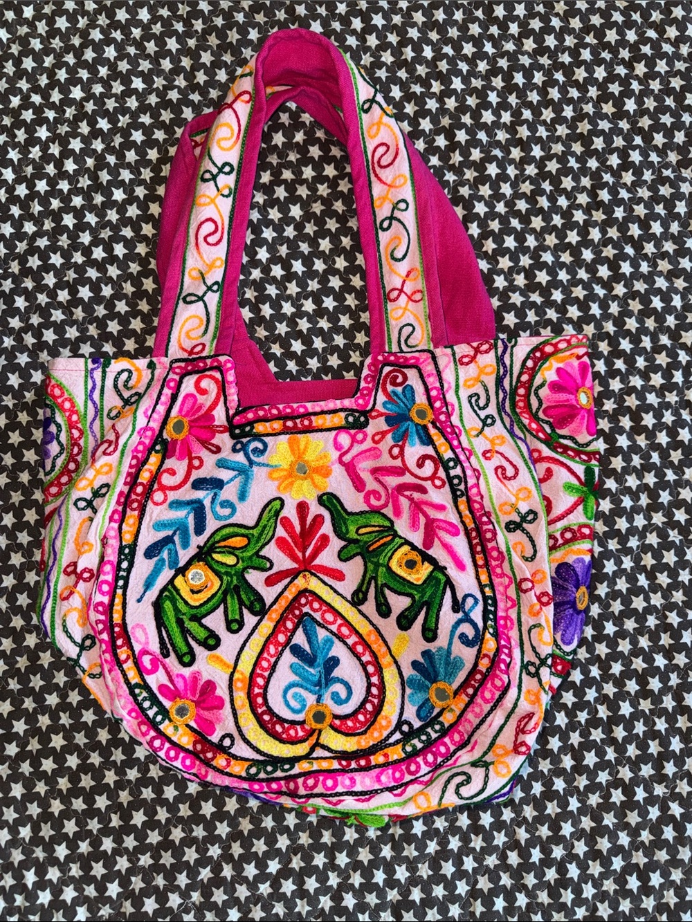 Boho Embroidered Pink Tote Bag with Colorful Floral & Elephant Motif